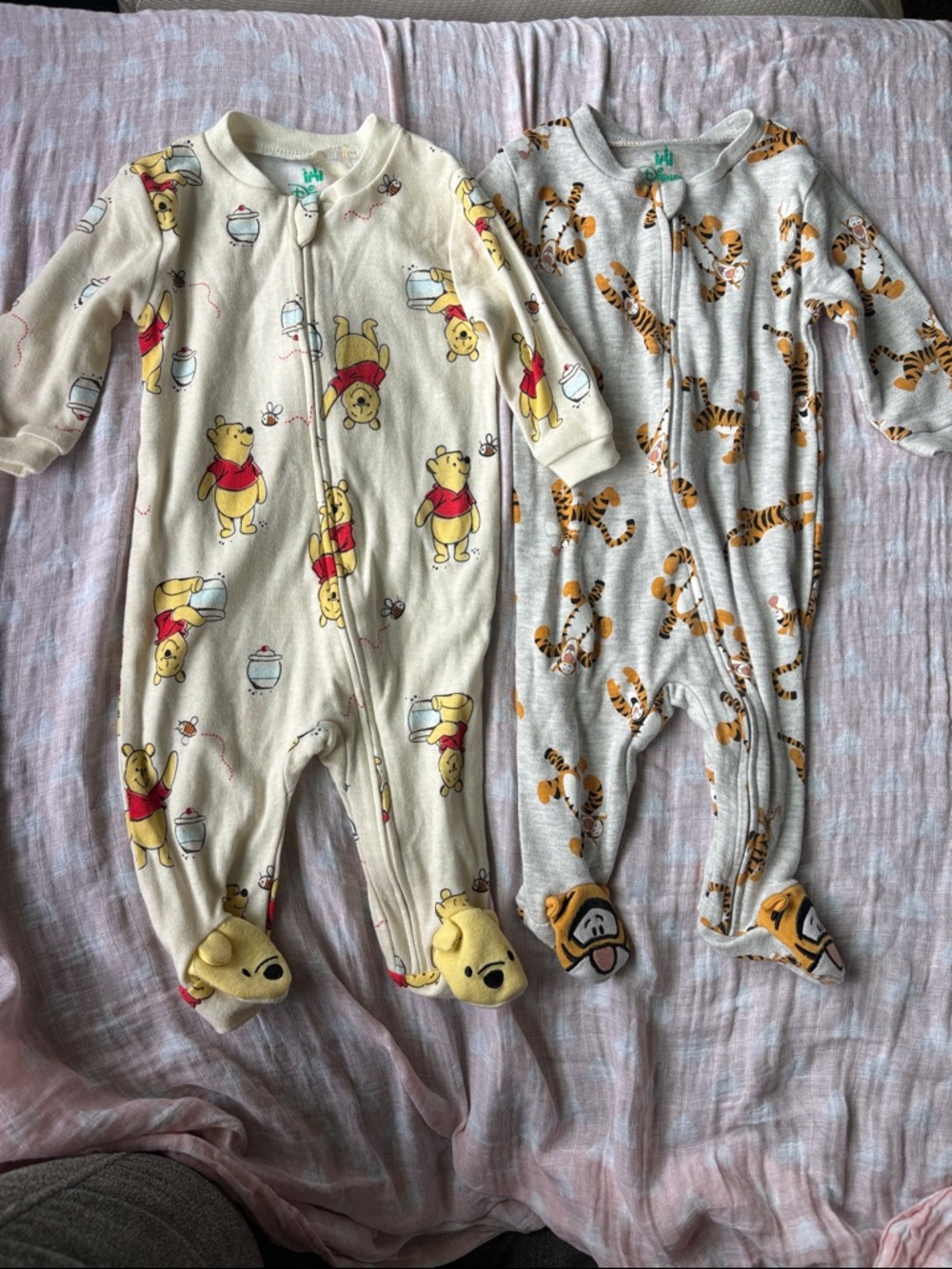 Disney Winnie the Pooh Cream and Gray Footed One-Piece Sleepers